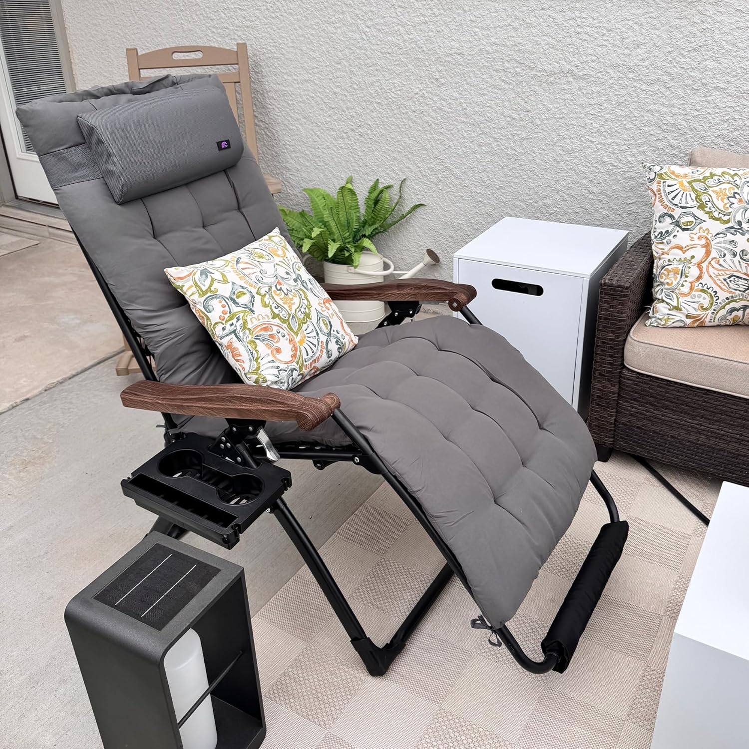 PURPLE LEAF Oversized Outdoor Reclining Chair Patio Zero Gravity Chaise Lounge Folding Chair with Removable Cushion Adjustable Headrest for Lawn Camping Beach Pool Grey