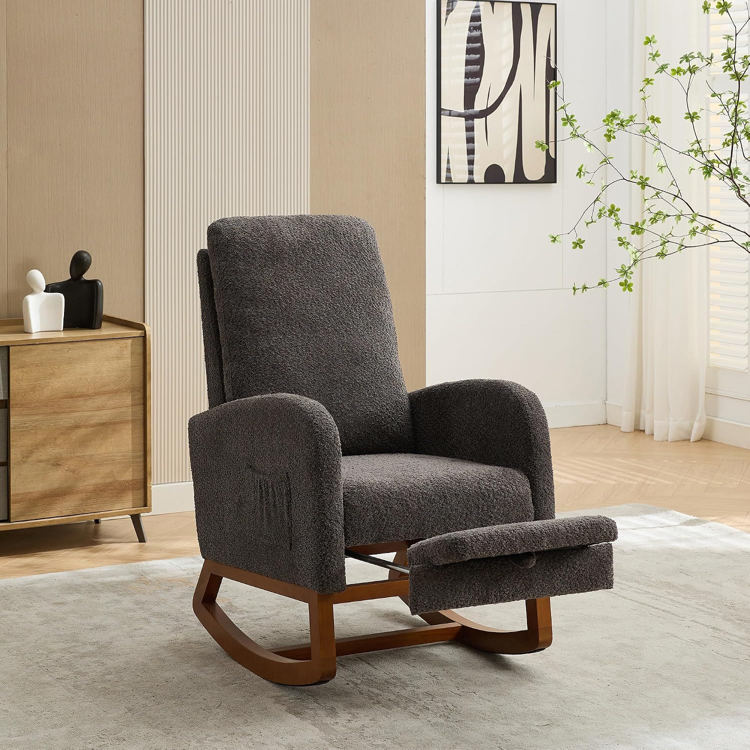 Upholstered Rocking Chair,25.4" Wide Rocking Chair Nursery with Retractable Footrest and Side Pocket, High Back Rocking Chair Accent Armchair for Living Room, Bedroom,Rubber Wood Legs (Charcoal)