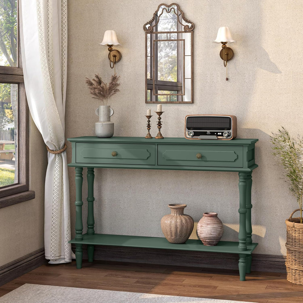 Console Table with 2 Drawers & Open Shelf, Green Retro Entryway Table with Storage Cabinets, Narrow Long Couch Table Behind Sofa for Living Room, Foyer, Hallway