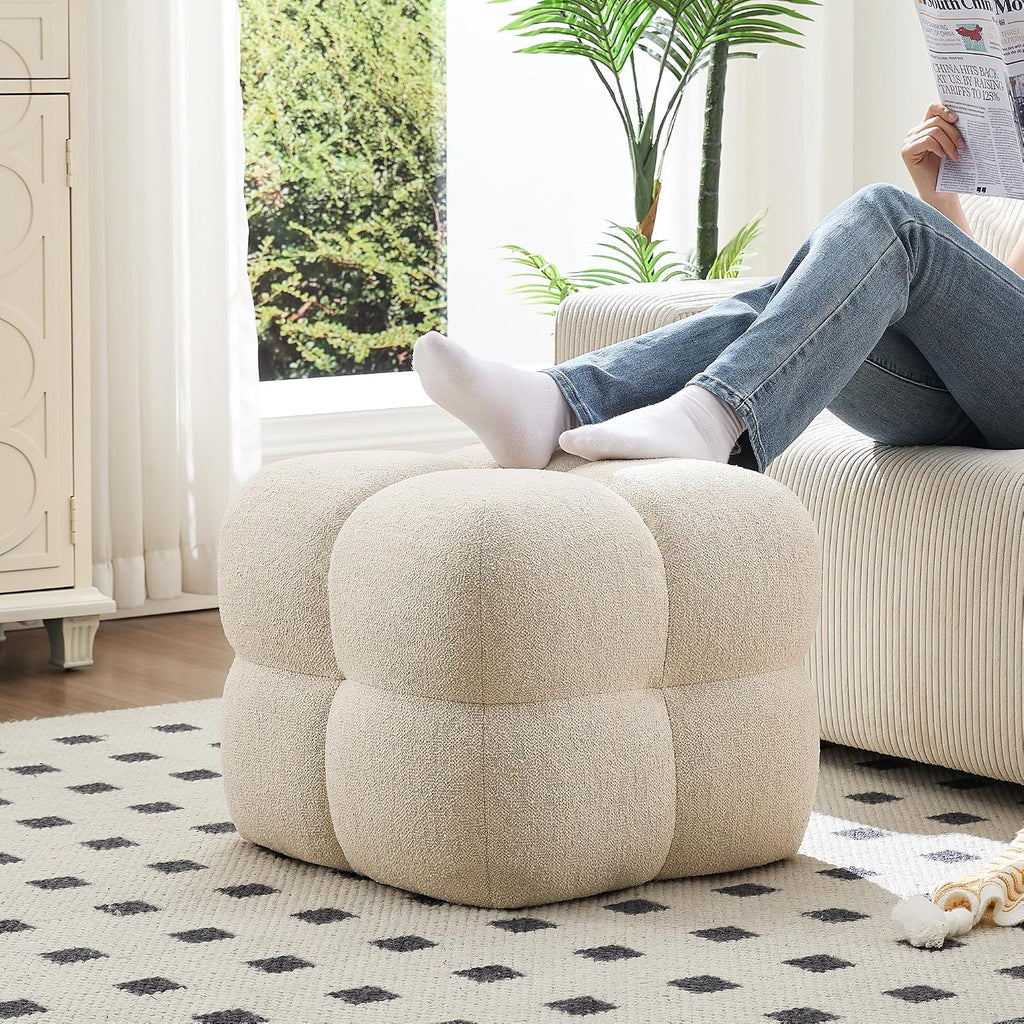 Zesthouse Square Pouf Ottomans Set of 2, Modern Backless Vanity Chair for Bedroom, Beige Linen Foot Rest for Couch, Upholstered Tufted Footstool, Poofy Fabric Ottoman Coffee Table for Living Room