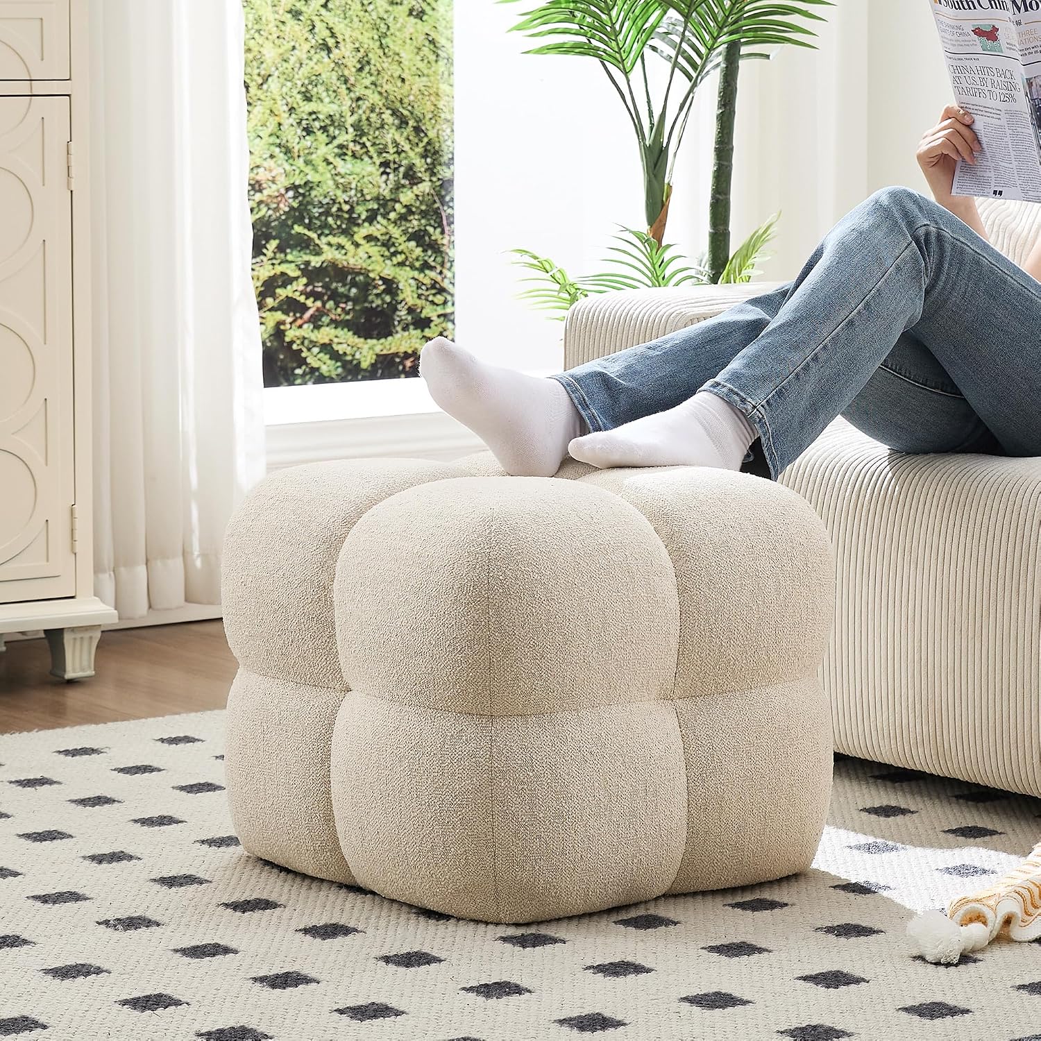 Zesthouse Square Pouf Ottomans Set of 2, Modern Backless Vanity Chair for Bedroom, Beige Linen Foot Rest for Couch, Upholstered Tufted Footstool, Poofy Fabric Ottoman Coffee Table for Living Room