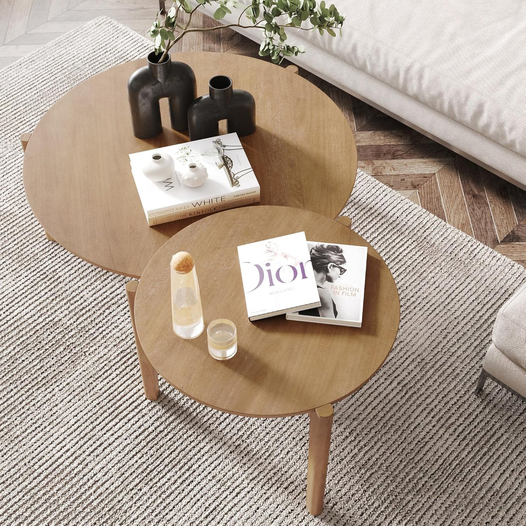 Nathan James Kendall Round Modern Nesting Coffee Set of 2, Stacking Living Room Accent Tables, Light Brown