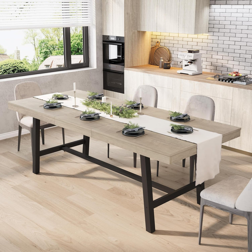 GarveeHome 63-83" Extendable Dining Table, Industrial Rectangular Dining Room Table for 6-8 People, Expandable Kitchen Table with Heavy Duty Metal Frame for Dining Room, Kitchen & Parties, Grey