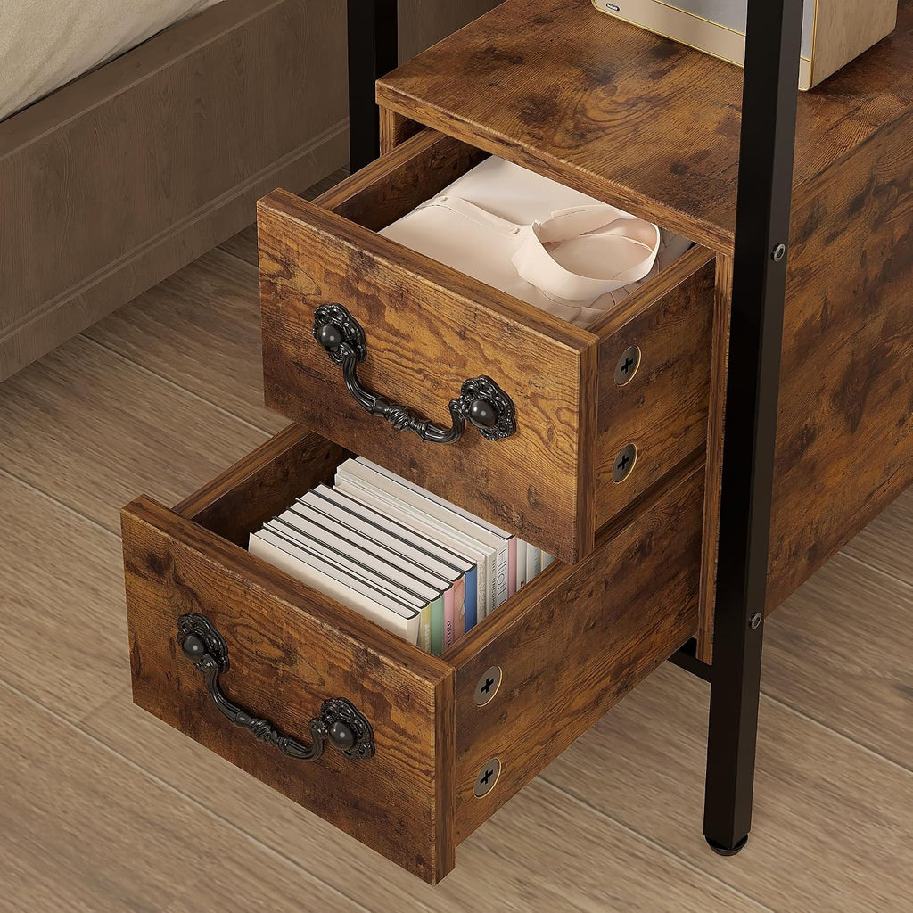 VECELO Narrow Side Table Set of 2, Night Stand Sofa Table with Glass Top,Bedside End Tables with Storage Drawers,Wood Nightstand for Small Spaces Living Room Bedroom,Brown