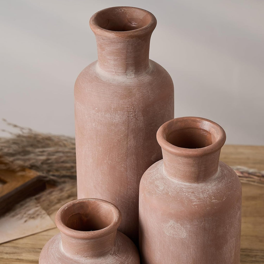 LUKA Ceramic Rustic Farmhouse Vase,Terracotta Vases for Decor,Vase Set of 3,Vases for Your Bedroom,Office,Living Room,Fireplace,Bookshelf Decor,Housewarming 10+7.5+5 Inch
