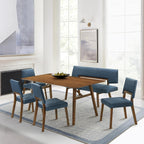 Channell Wood Dining Bench in Walnut Finish with Blue Fabric