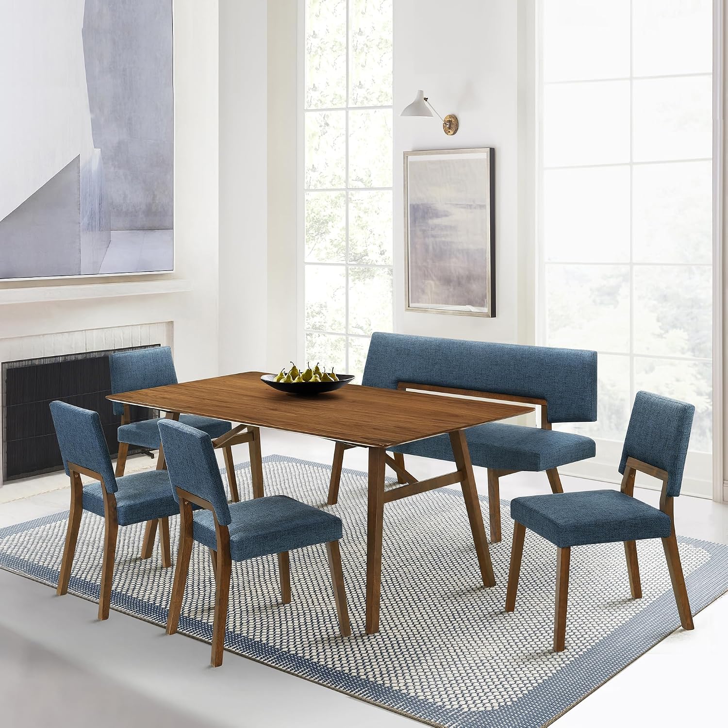 Channell Wood Dining Bench in Walnut Finish with Blue Fabric