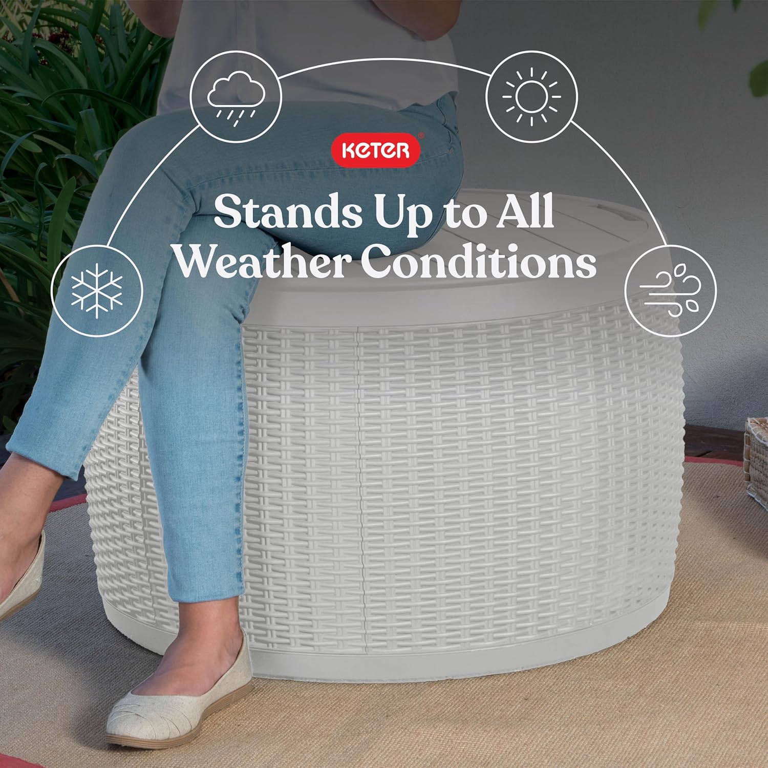 Keter Circa 37 Gallon Resin Deck Box Stool, All-Weather Outdoor Storage Seat with Rattan-Look Finish, Durable Patio Storage Bench for Cushions, Garden Tools, Pool Accessories