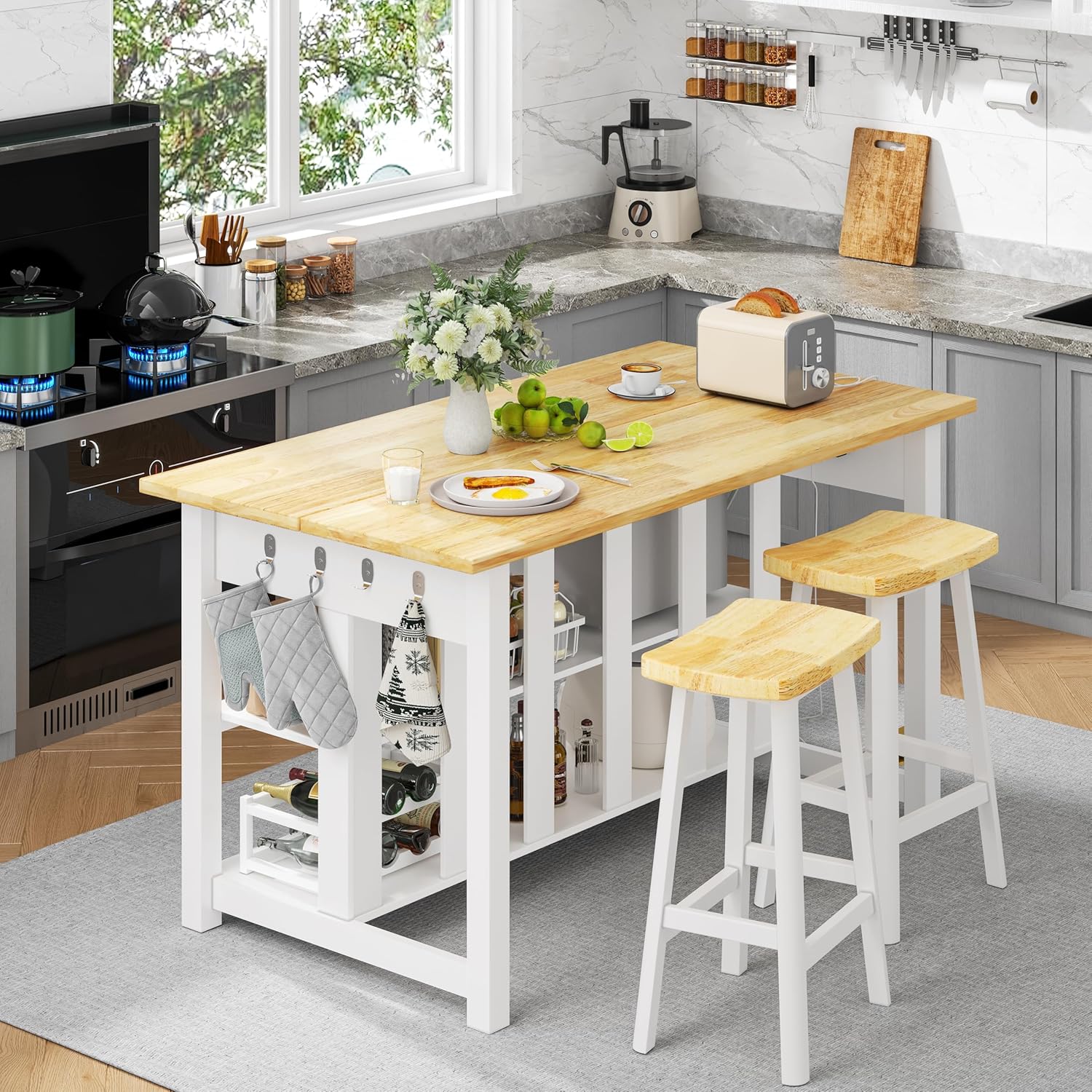 DynJest 47.3" Solid Rubberwood Kitchen Island with Power Outlets - Extra Large Work Surface, 2 Drawers & Open Shelves Storage Cabinet for Kitchen Dining Room, Farmhouse Style (White)