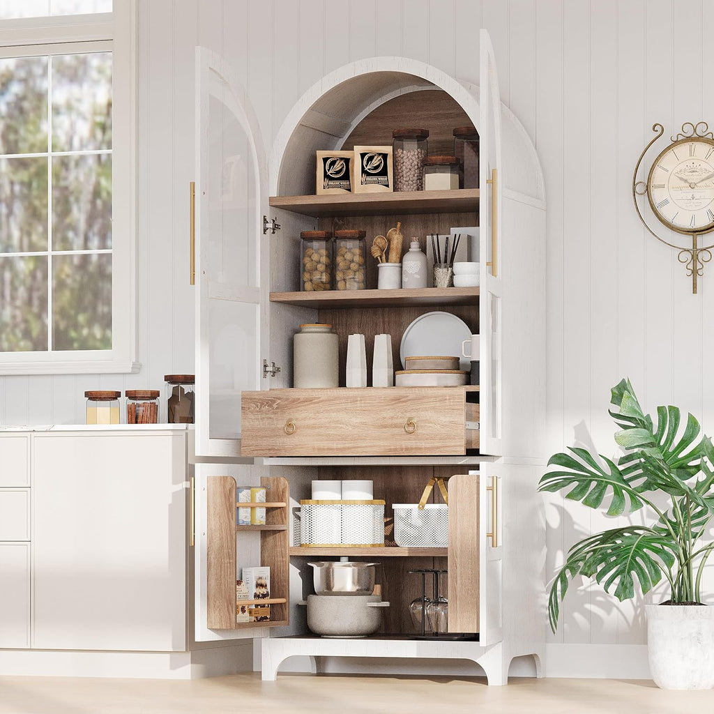 71" Tall Arched Kitchen Pantry Cabinet with Door Shelves, Farmhouse Kitchen Storage Cabinet with Adjustable Shelves, Hidden Drawer & Glass Door, Cupboard for Kitchen, Dining Room, White
