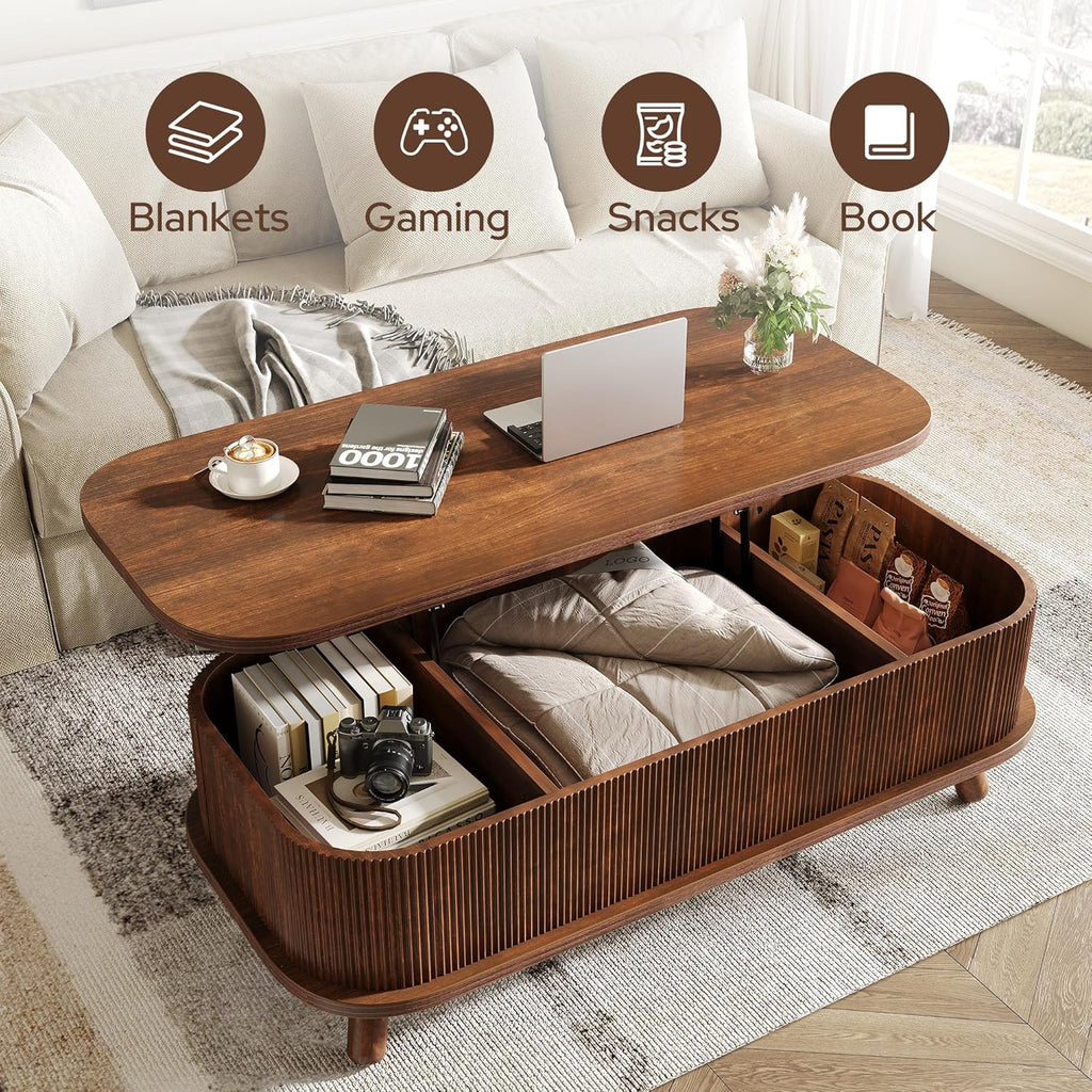 knoworld Fluted Lift Top Coffee Table with Storage, 47" Oval Coffee Table with 3-Partition Hidden Compartment, Mid Century Modern Wood Center Table for Living Room, Work & Dining from Sofa, Walnut