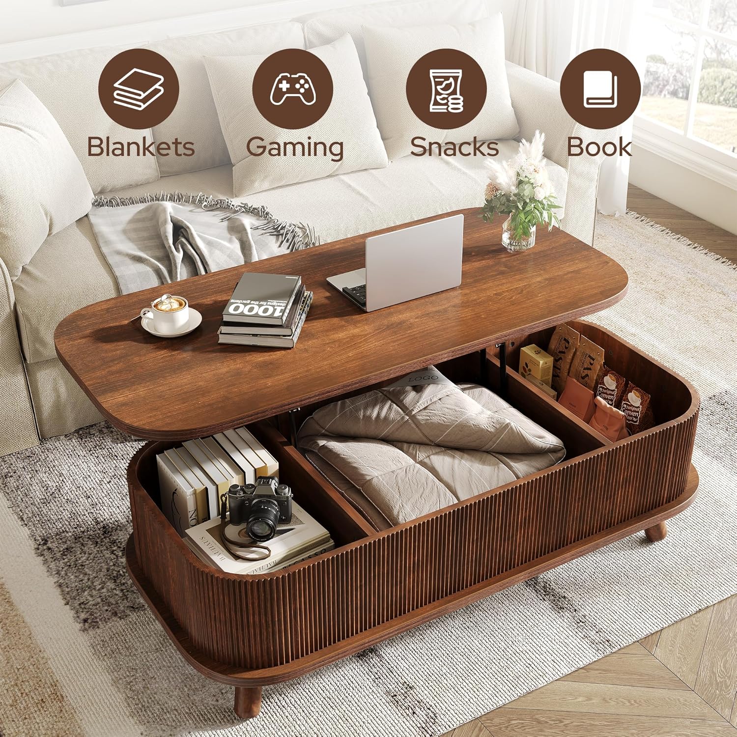 knoworld Fluted Lift Top Coffee Table with Storage, 47" Oval Coffee Table with 3-Partition Hidden Compartment, Mid Century Modern Wood Center Table for Living Room, Work & Dining from Sofa, Walnut