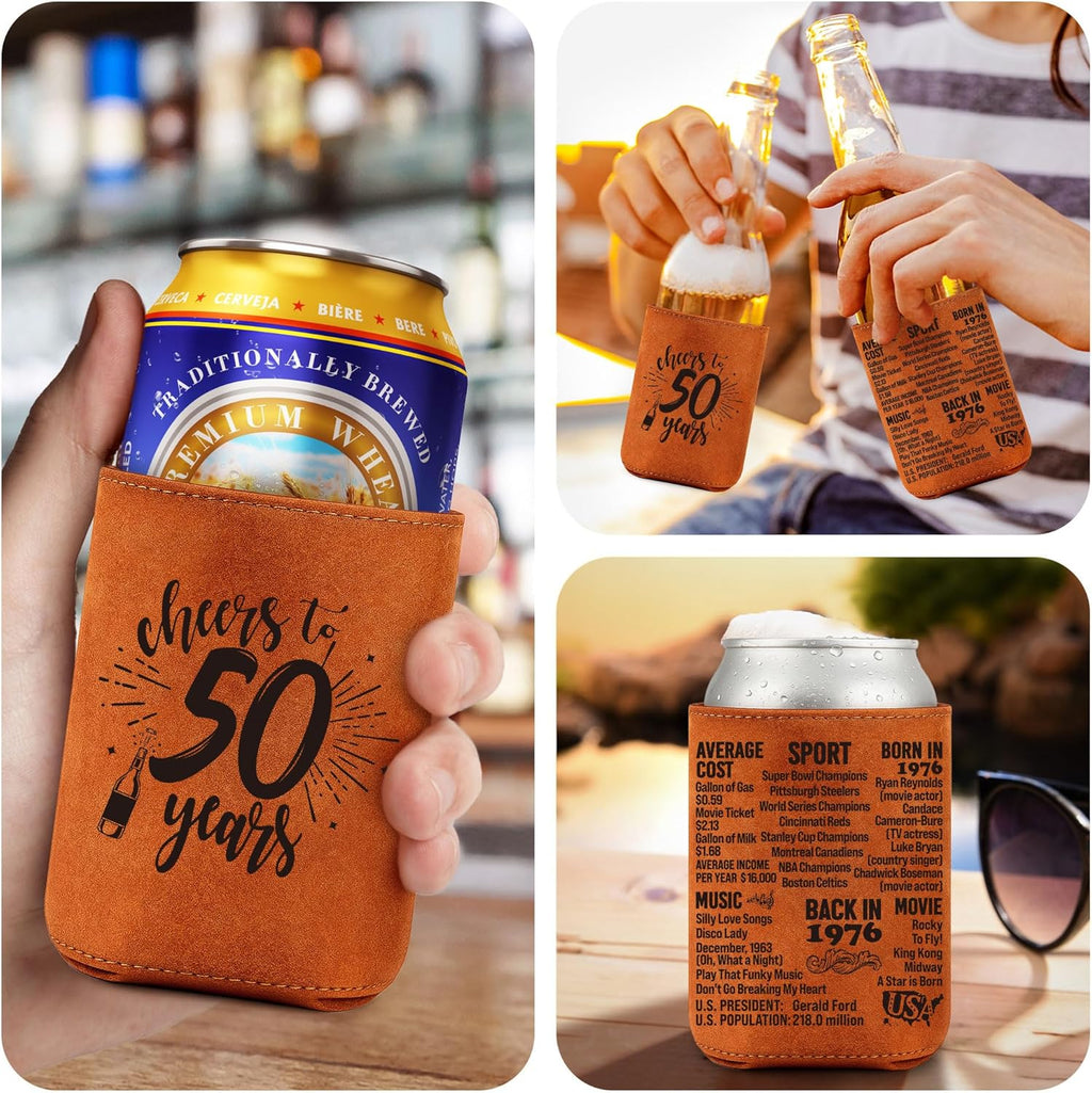 LEJIAJINW 50th Birthday Gift 50 Year Old Birthday Gifts for Men Women, Cheers to 50 Years Vintage 1976 Leather Can Sleeve, Funny 50th Birth Party Decoration Gift for Dad, Mom, Husband, Wife, Grandpa