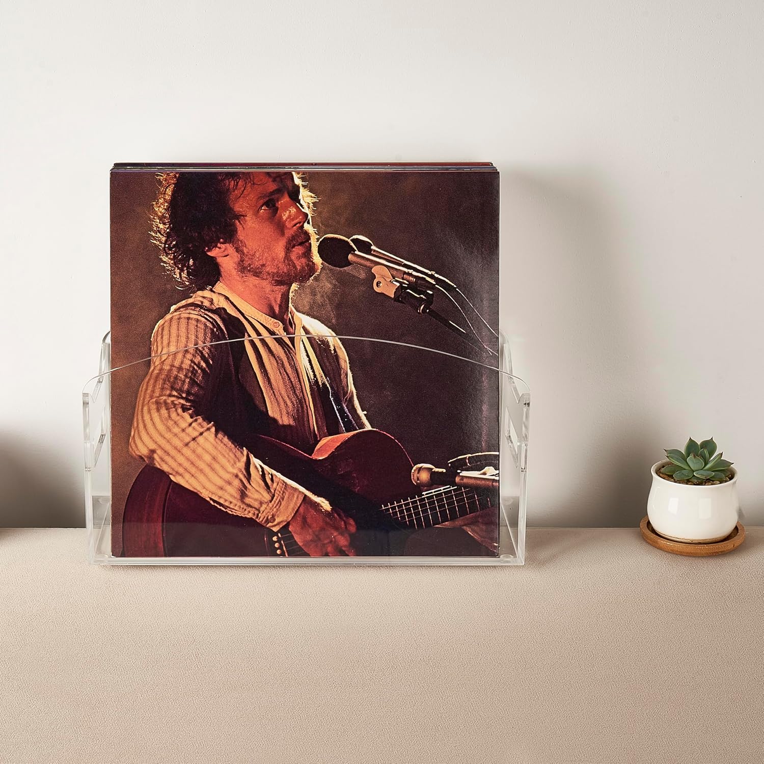 Acrylic Record Holder - Modern Vinyl Record Storage Box, LP Record Organizer, Clear Lucite Record Case with Handles, Album Record Display Bin, Holds up to 35-45 Records