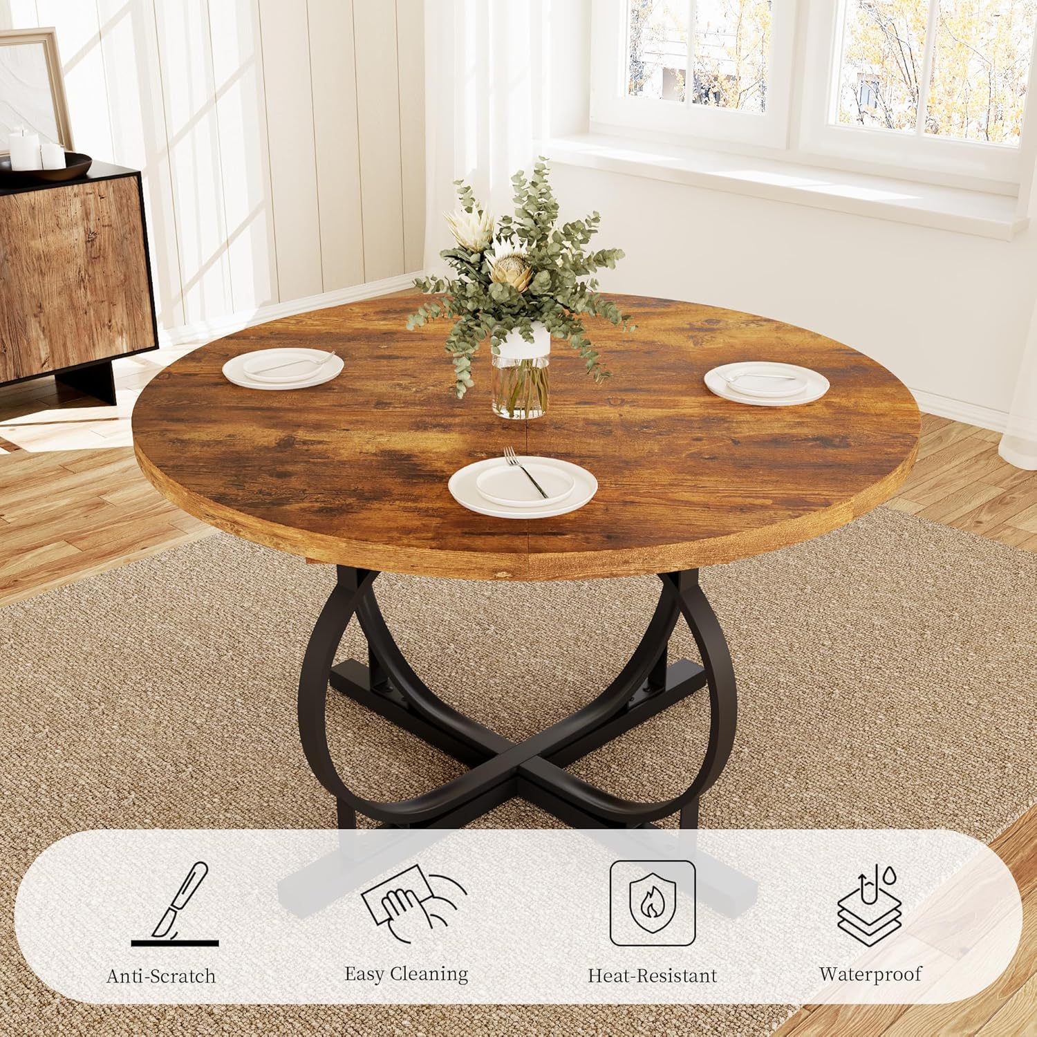 HIPIHOM 43.3"-59" Extendable Round Dining Table for 4-6 People, Modern Kitchen Oval Dining Table with Sturdy X-Base Metal Legs, Space Saving, MDF Board for Kitchen Dining Room (Vintage Brown)