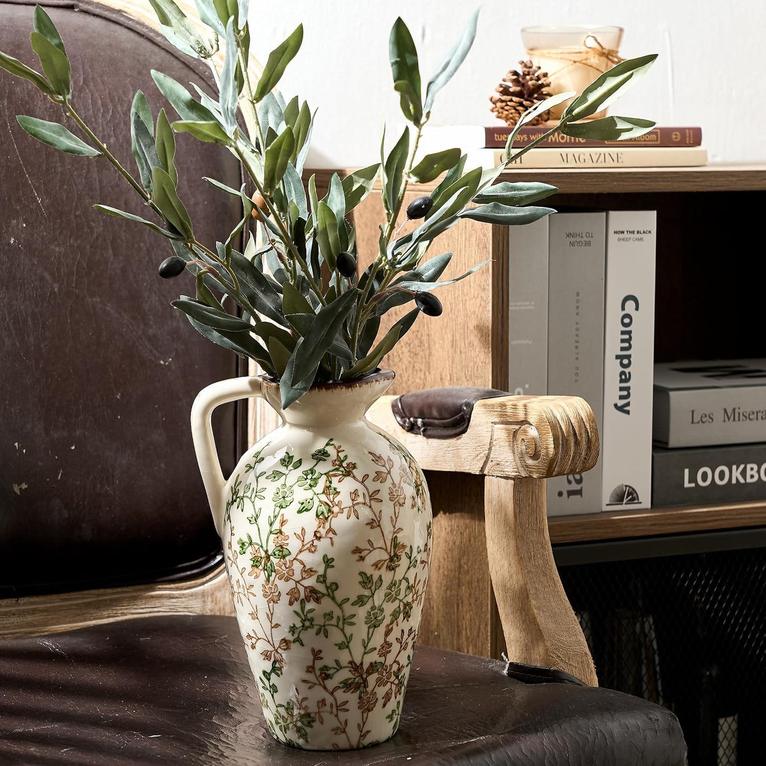 Green and Beige Antique Vase, 8.9 Inch Vintage Chinoiserie Floral Vase, Rustic Ceramic Vase for Home Decor, Living Room, Bookshelf, Office, Entryway, Garden, Chinoiserie Decor, Tuscan Decor