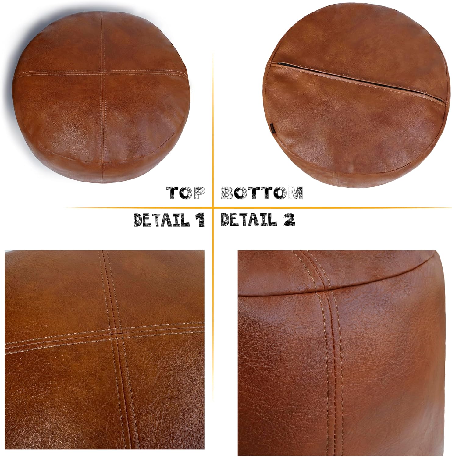 Thgonwid Unstuffed Faux Leather Pouf Cover, Handmade Footstool Ottoman Storage Solution, Floor Footrest Cushion, 16.5”Dx12”H, Amaretto