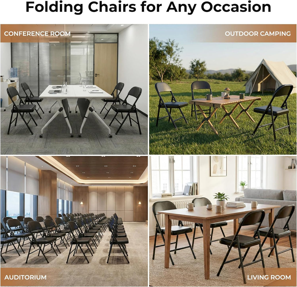 1 Pack Folding Chairs with Cushion Padded - Metal Chairs w/Comfortable Seats and Durable Steel Frame Foldable Chair for Indoor Outdoor Wedding, Party, Backyard & Office Events (Black, 1 Pack)
