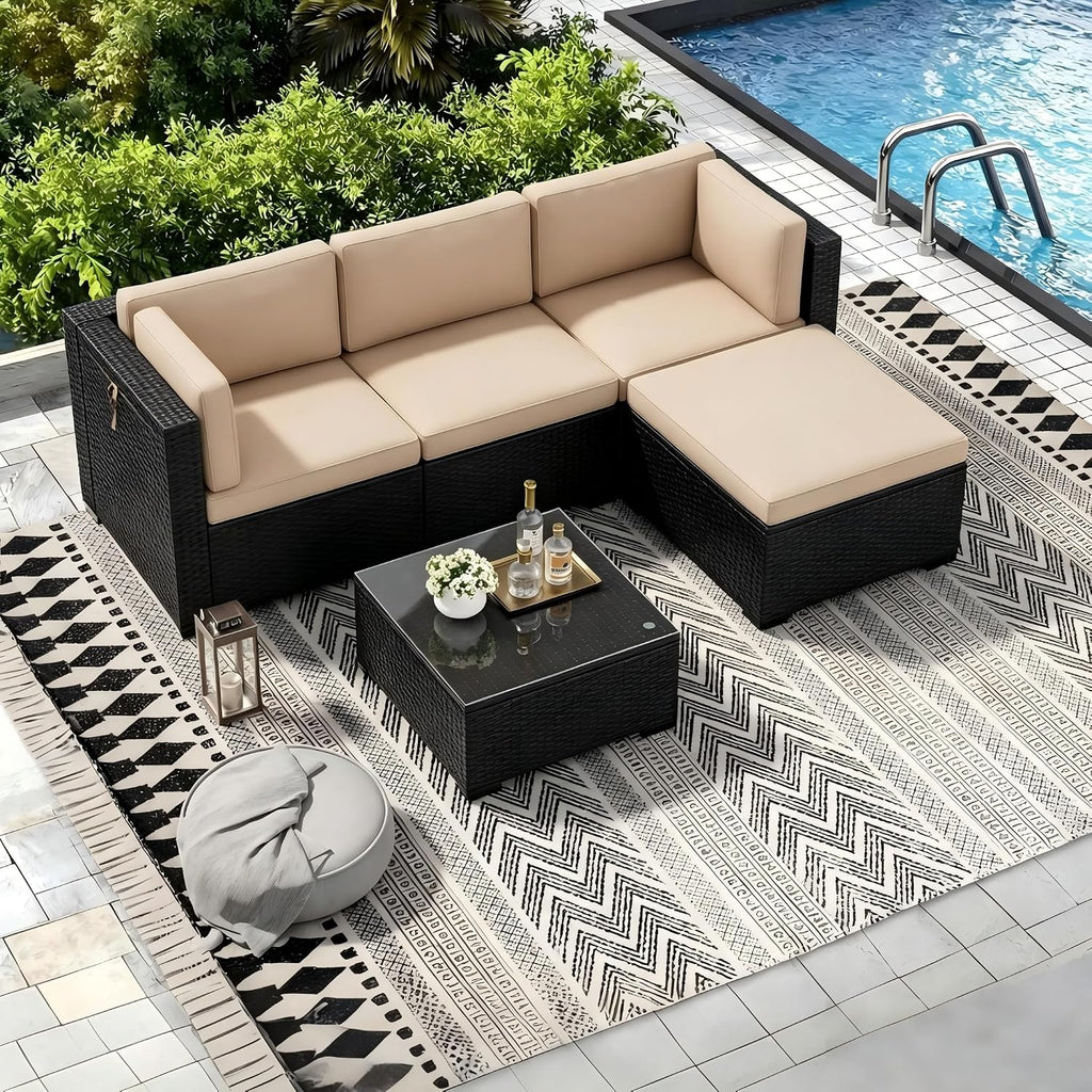 5 Pieces Outdoor Patio Furniture Sets, All Weather Wicker Rattan Sectional Patio Sofa, Outdoor Seating Sofas with Glass Table and Washable Cushion, Light Brown