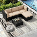 5 Pieces Outdoor Patio Furniture Sets, All Weather Wicker Rattan Sectional Patio Sofa, Outdoor Seating Sofas with Glass Table and Washable Cushion, Light Brown