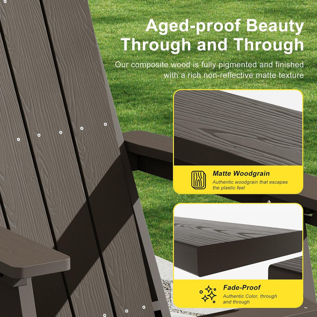 3-Position Adjustable Folding Adirondack Chair with Retractable Ottoman, HDPE Weather Resistant Patio Chair Set of 2 with Hidden Cup Holder for Lawn, Deck and Garden, Brown