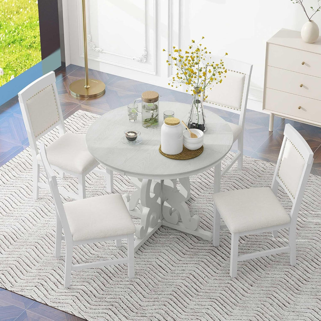 Merax Extendable Round Dining Table Set for 4-6, Farmhouse Kitchen Table Set with 4 Upholstered Chairs and Removable Leaf for Kitchen, Dining Room, Small Space, Antique White