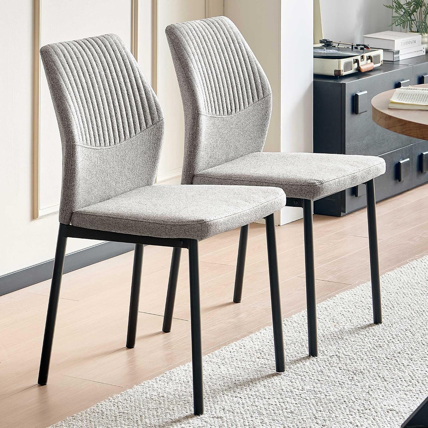 Dining Chairs Set of 4, Mid Century Modern Fabric Upholstered Kitchen Chairs, Light Brown Dining Room Chair with Sticthing Back for Kitchen Dining Room