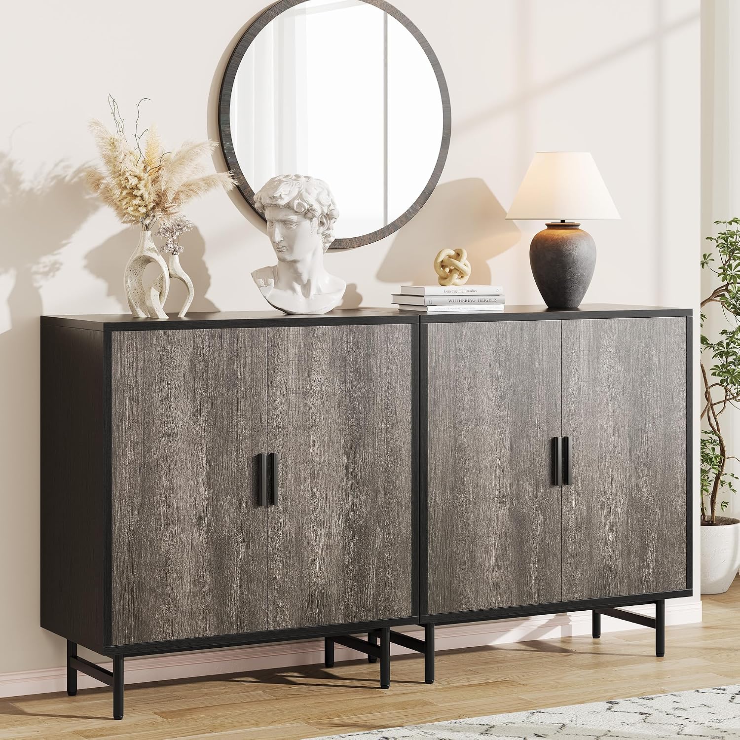 63" Sideboard Buffet Cabinet with Storage, Kitchen Storage Cabinet w/ Adjustable Shelf, 4-Door Console Table Accent Cabinet for Living Dining Room, Entryway, Hallway, Credenza, Coffee Liquor Bar, Grey