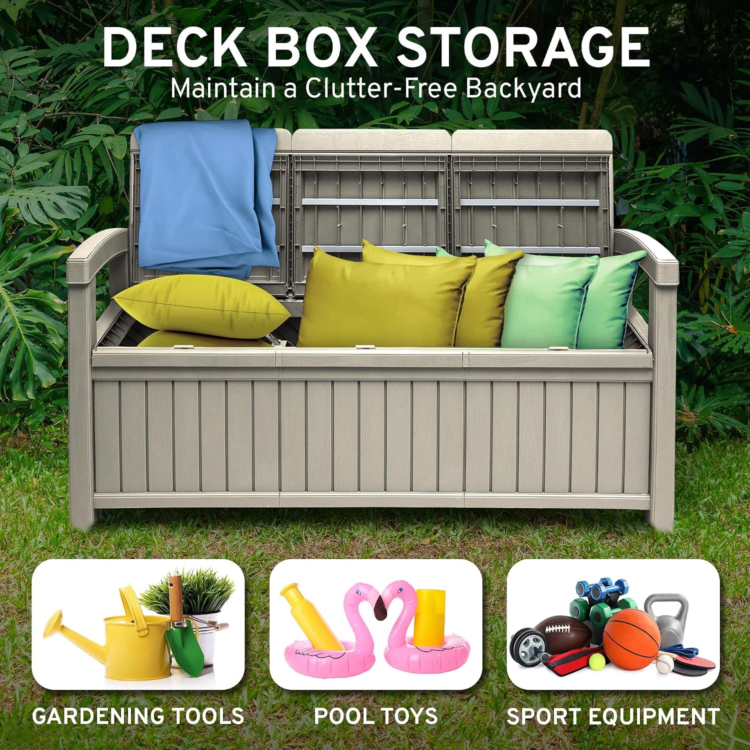 EconoHome 3 Seat Outdoor Storage Bench with Rain Cover - 90 Gallon Capacity - Weatherproof Resin Bench for Patio, Porch, Garden, Yard, Pool Area