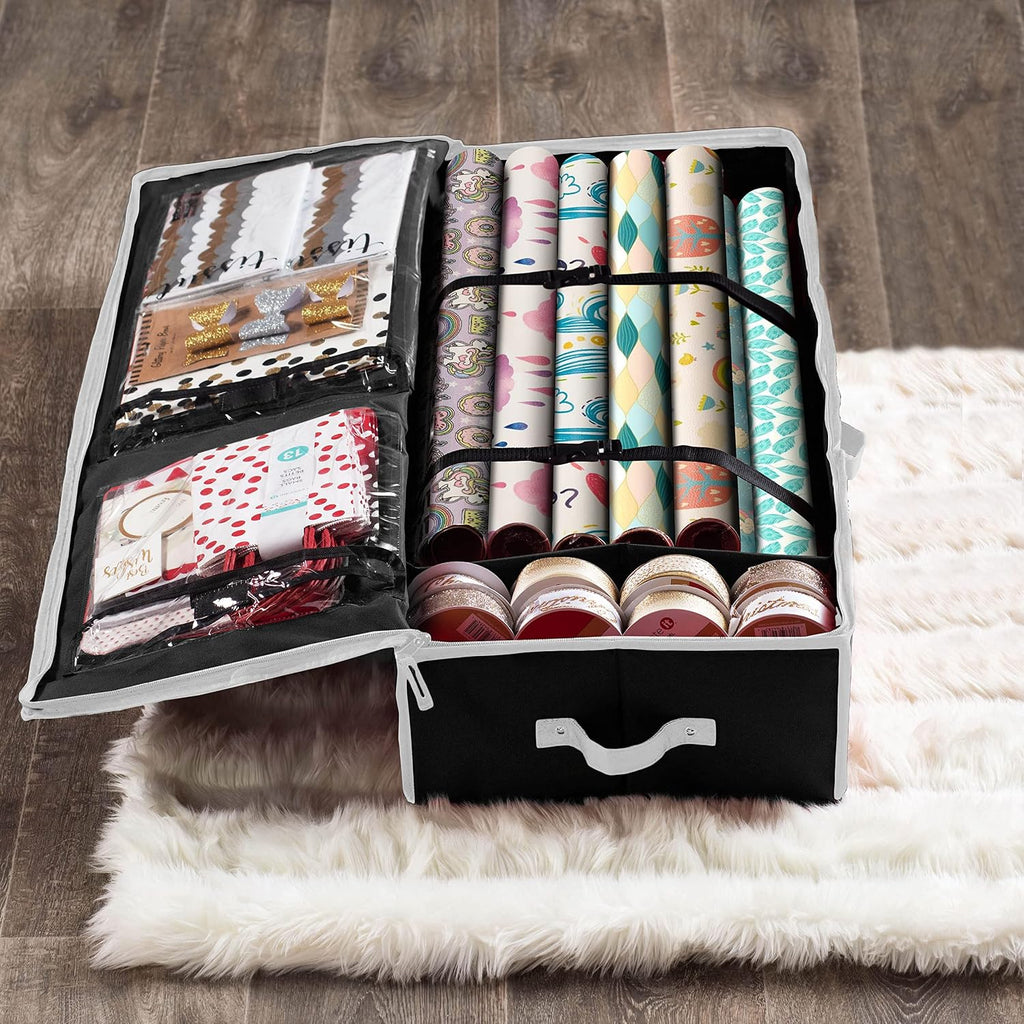 ZOBER Gift Wrapping Paper Organizer Storage - 40" Gift Wrap Storage Containers with Interior Pockets for Bows, Tags & Ribbons - Wrapping Paper Holder, 600D Oxford, Fits 24 Standard Rolls, Black/White
