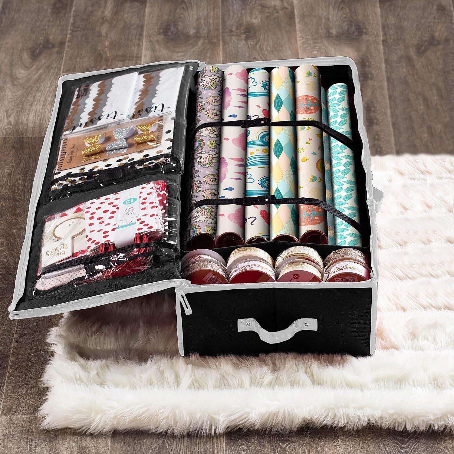 ZOBER Gift Wrapping Paper Organizer Storage - 40" Gift Wrap Storage Containers with Interior Pockets for Bows, Tags & Ribbons - Wrapping Paper Holder, 600D Oxford, Fits 24 Standard Rolls, Black/White