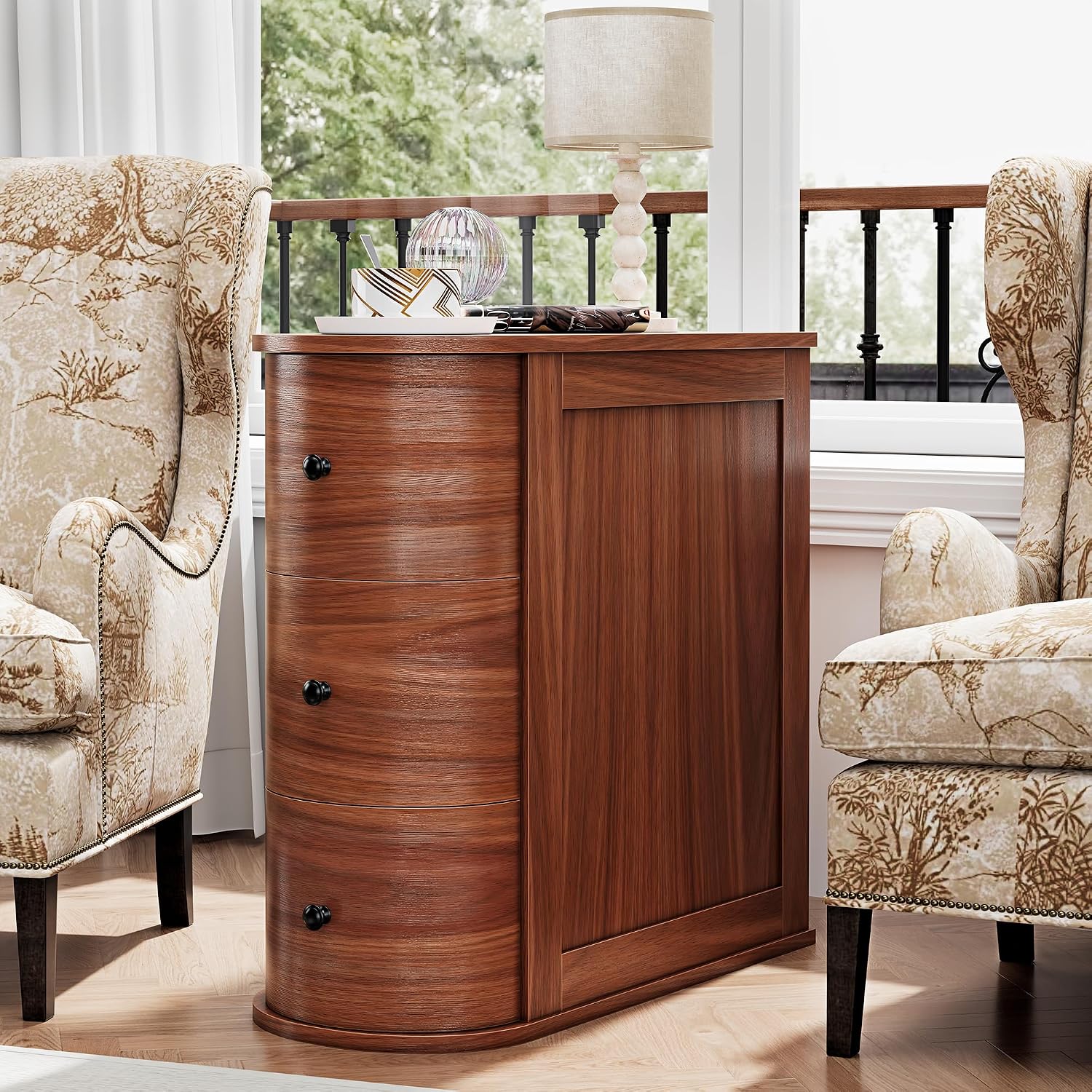 Vongrasig Narrow Nightstand with 3 Drawers, Wood Small Side Table for Bed or Sofa, Vintage Slim Night Stand for Living Room/Bedroom, Walnut