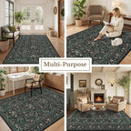 5x7 Area Rugs Living Room Rug: Floral Washable Rug Vintage Boho Soft No Slip Stain Resistant Carpet Indoor Floor Throw Carpets for Bedroom Hallway Nursery Dining Room Playroom Dark Green Black
