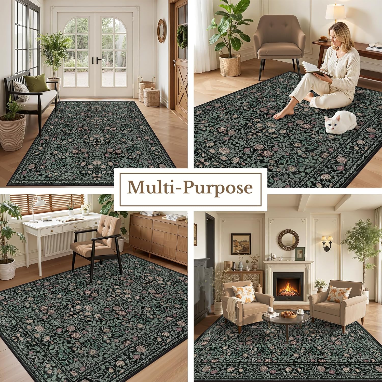 5x7 Area Rugs Living Room Rug: Floral Washable Rug Vintage Boho Soft No Slip Stain Resistant Carpet Indoor Floor Throw Carpets for Bedroom Hallway Nursery Dining Room Playroom Dark Green Black