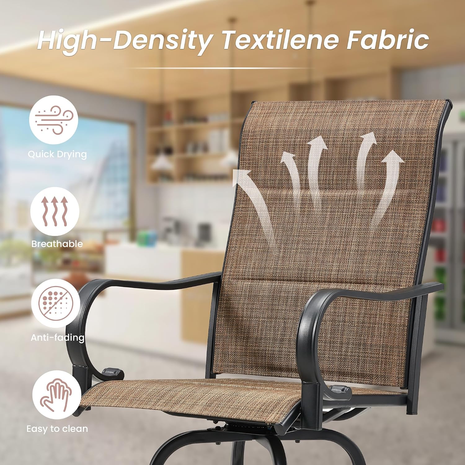 HOMREST Outdoor Swivel Bar Stools Set of 2, High Patio Swivel Bar Chairs with Padded Back & Seat, All-Weather Textilene Tall Patio Chair with Curved Armrest & Metal Footrest for Outside,Dark Brown