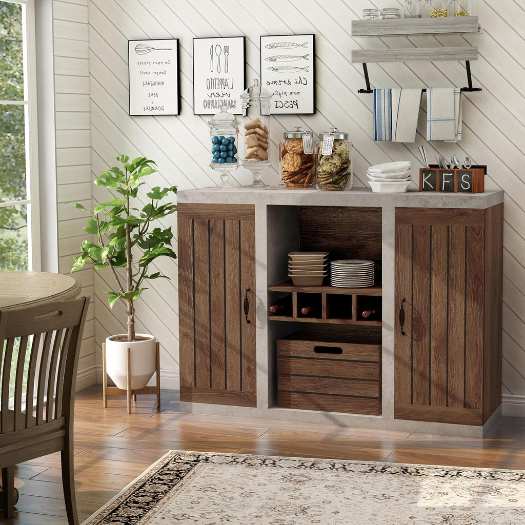 HOMES: Inside + Out Cato Industrial Two-Tone Buffet with Open Shelf, Wine Bottle Holder, Slatted Drawer and Cabinets, Distressed Walnut and Cement