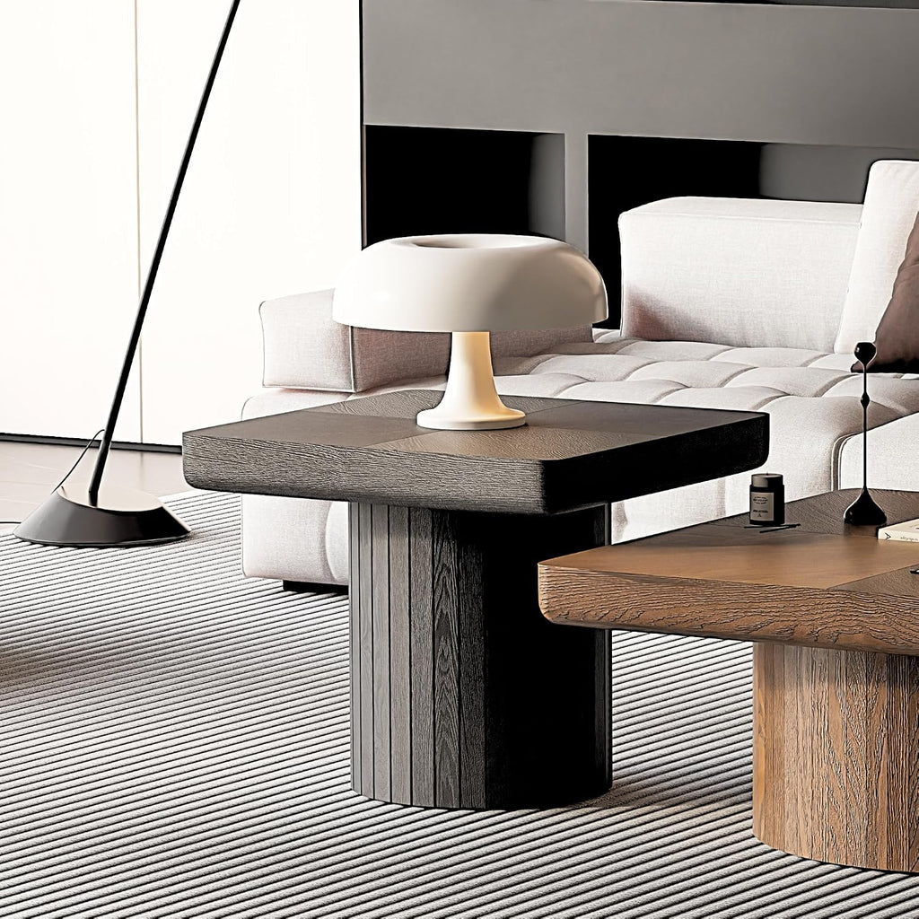 GOWE 23.6'' Modern Solid Wood Veneer End Table, Minimalist Square Side Table with Parquet Pattern, Grooved Cylindrical Base & Thickened Tabletop, Compact Accent Table for Living Room, Matte