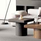GOWE 23.6'' Modern Solid Wood Veneer End Table, Minimalist Square Side Table with Parquet Pattern, Grooved Cylindrical Base & Thickened Tabletop, Compact Accent Table for Living Room, Matte