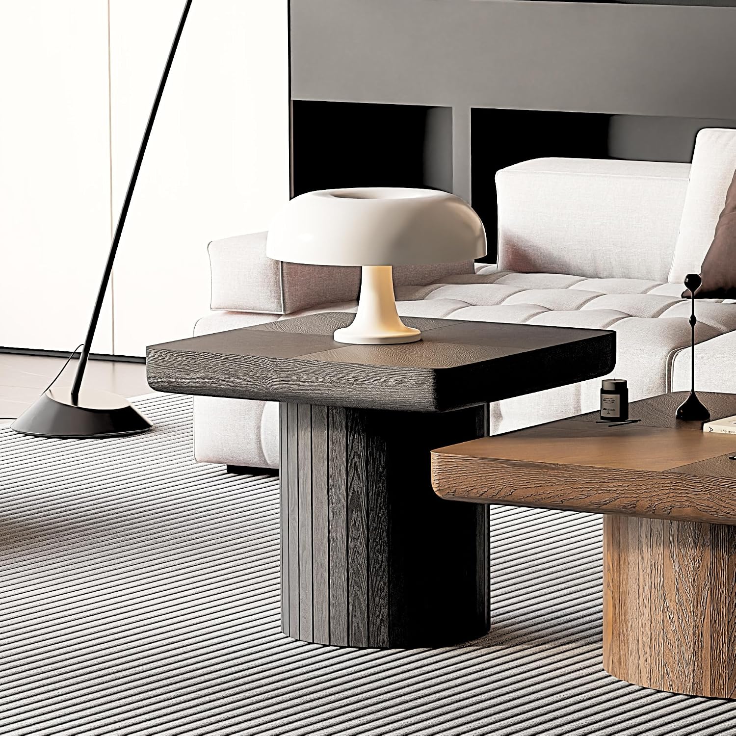 GOWE 23.6'' Modern Solid Wood Veneer End Table, Minimalist Square Side Table with Parquet Pattern, Grooved Cylindrical Base & Thickened Tabletop, Compact Accent Table for Living Room, Matte