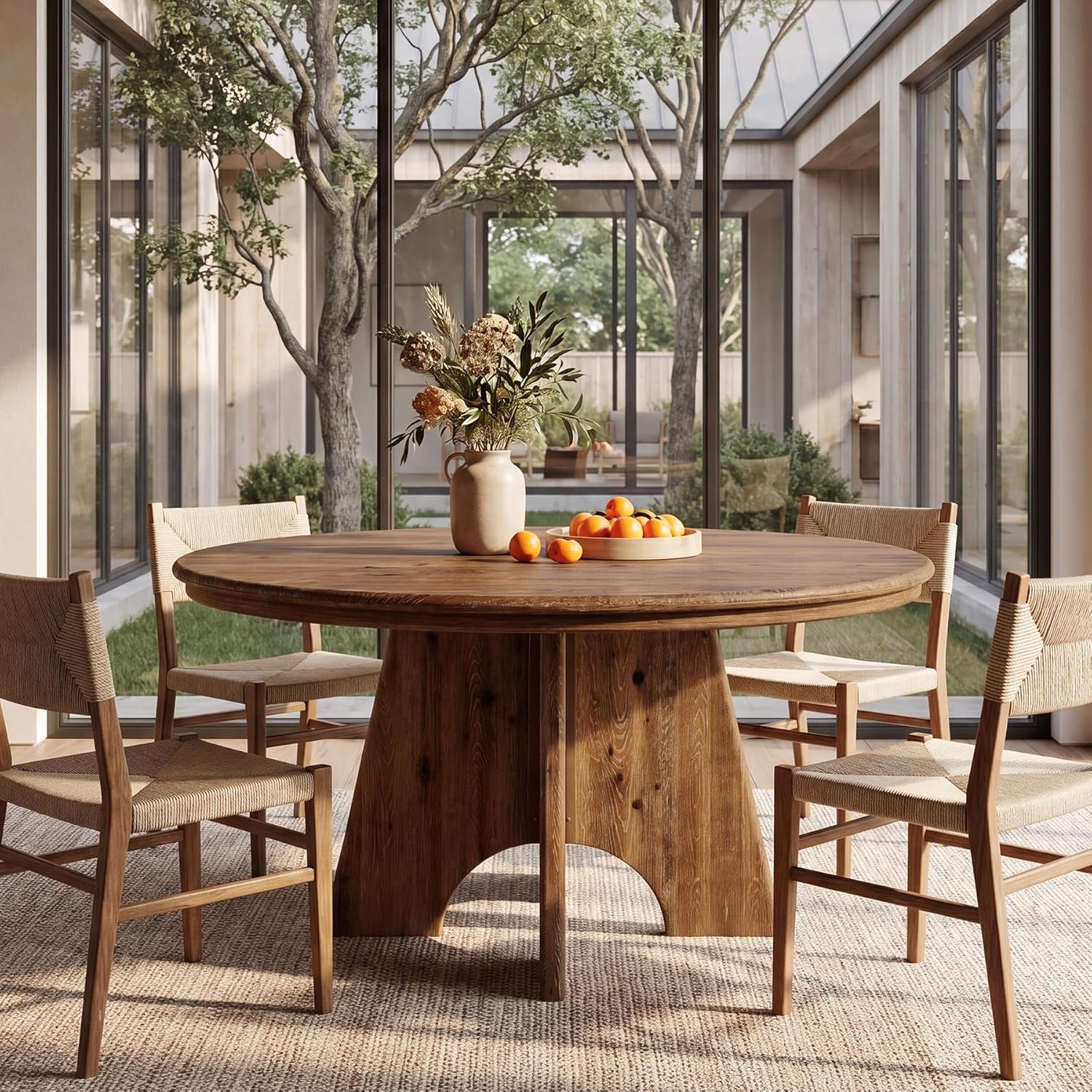 47" Solid Wood Round Dining Table for 4-6 People, Farmhouse Kitchen Table for Dining Room, Kitchen, Living Room, Rustic Brown