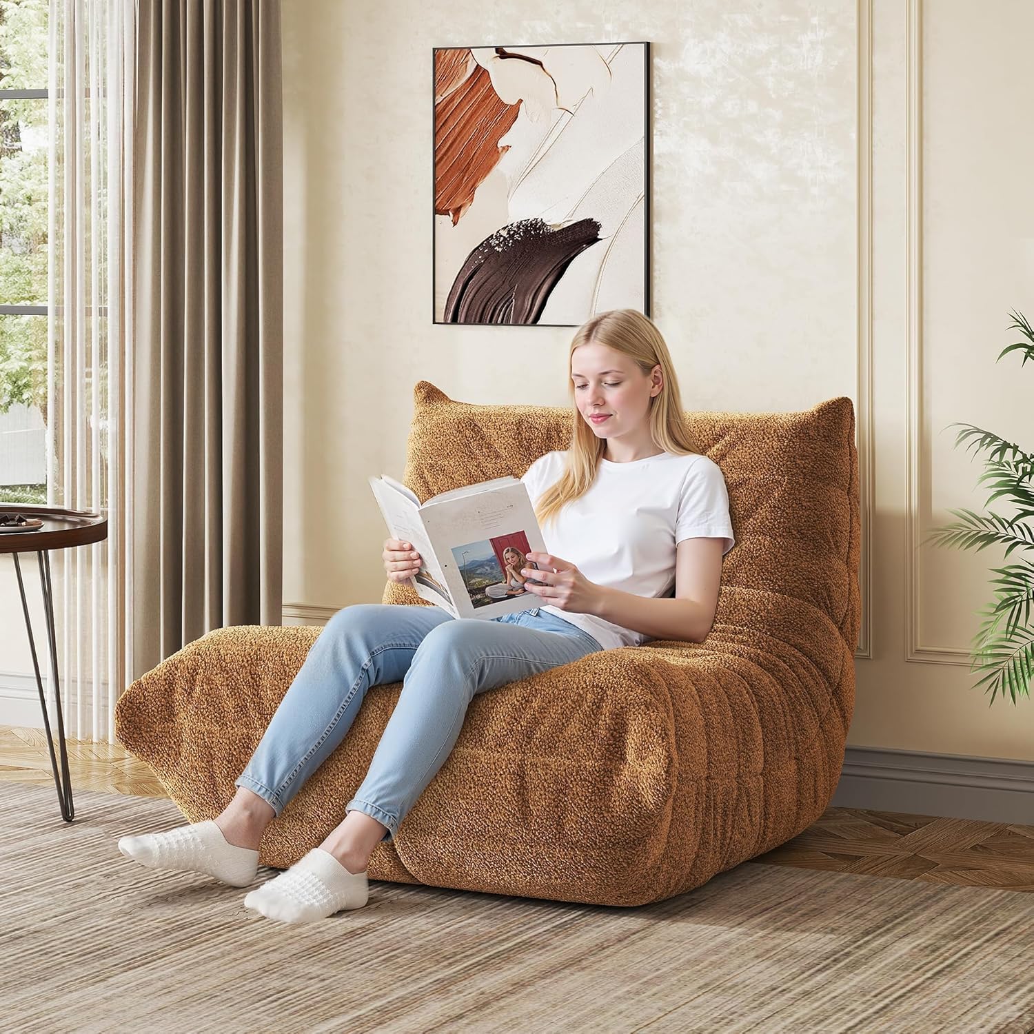 WLIVE Bean Bag Chair for Adults, Teddy Fleece Togo Chair, Giant, Memory Foam, for Living Room and Bedroom, Single, Brown