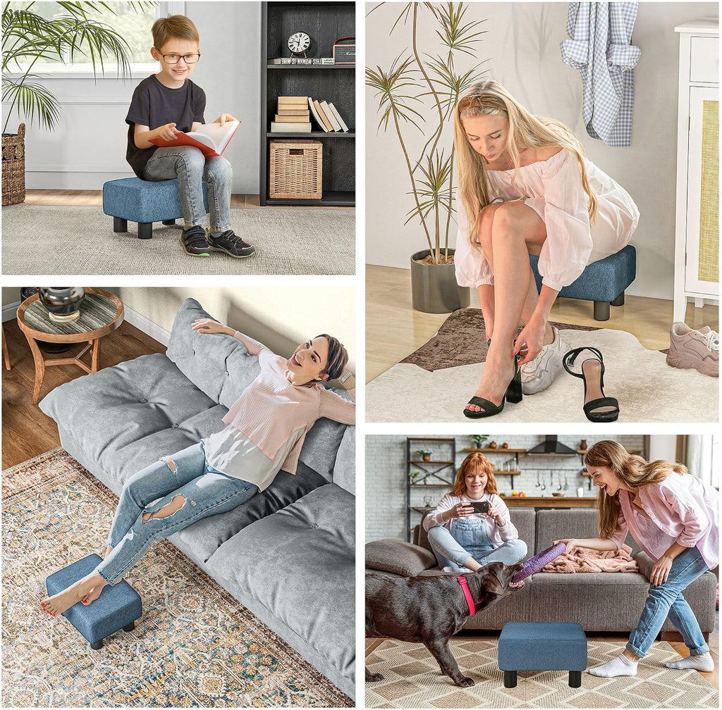 Blue Linen Fabric Ottoman Footrest - Multi-Functional for Living Room, Bedroom & Entryway