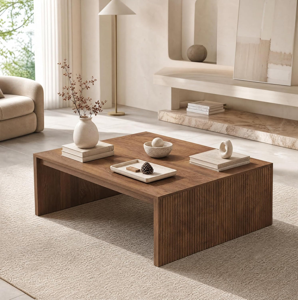 LITTLE TREE 39.4" Square Fluted Coffee Table, Mid-Century Modern Brown Center Table for Living Room, Architectural Wood Cocktail Tea Tables, Contemporary Coffee Tables, Easy Assembly