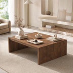 LITTLE TREE 39.4" Square Fluted Coffee Table, Mid-Century Modern Brown Center Table for Living Room, Architectural Wood Cocktail Tea Tables, Contemporary Coffee Tables, Easy Assembly