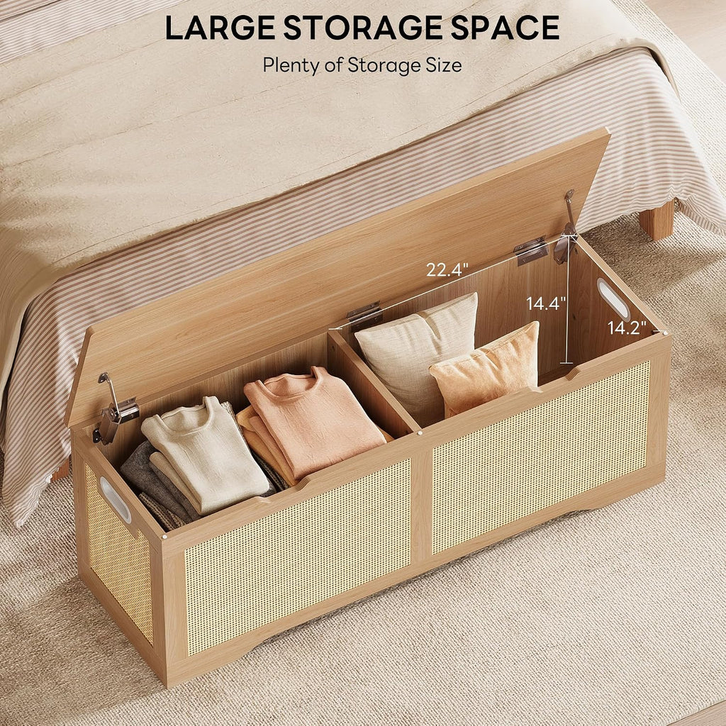 LIKIMIO 47.2" Rattan Storage Ottoman Bench Chest, End of Bed Bench, Storage Chest, Extra Large Entryway Trunk Toy Box for Bedroom, Living Room, Rustic Wood