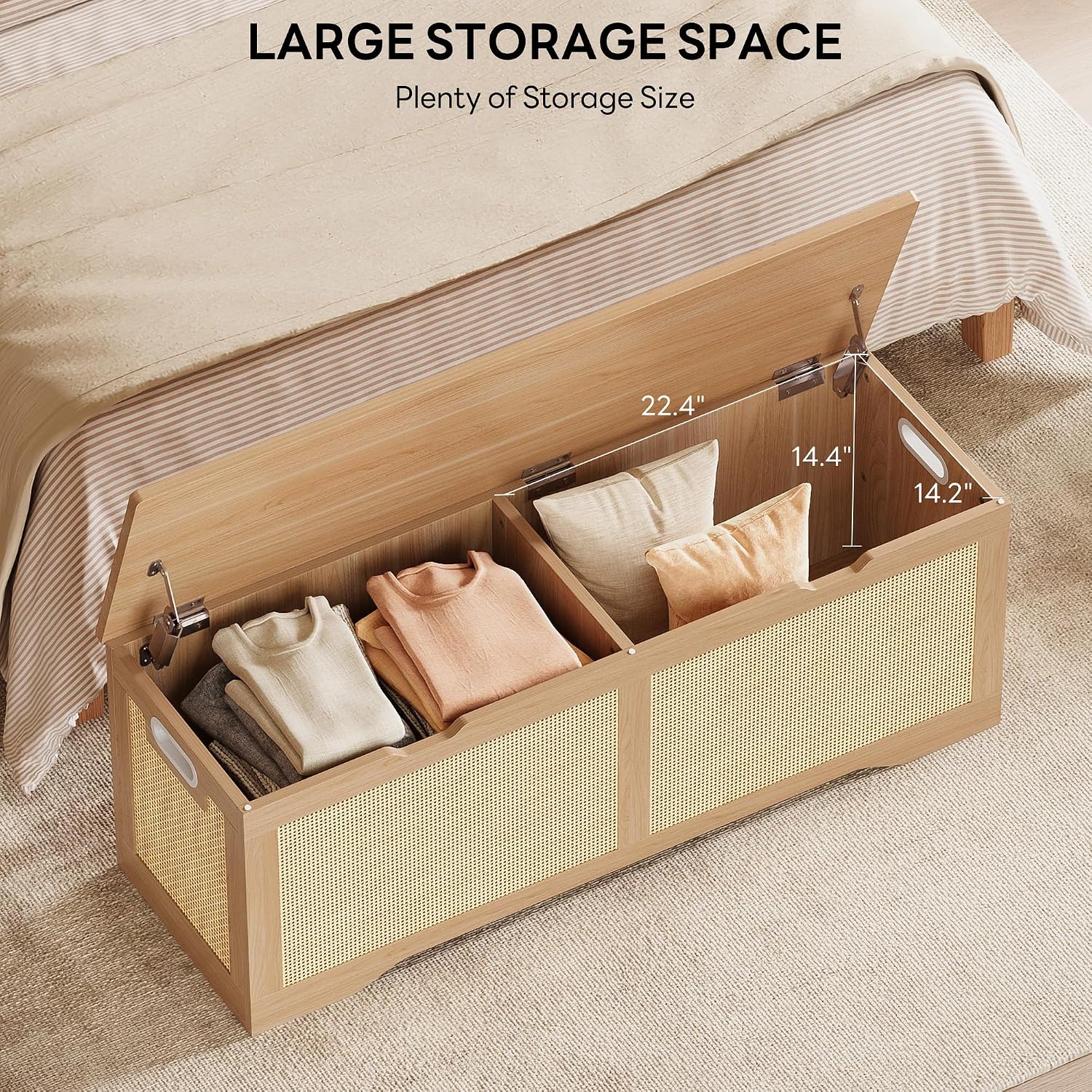 LIKIMIO 47.2" Rattan Storage Ottoman Bench Chest, End of Bed Bench, Storage Chest, Extra Large Entryway Trunk Toy Box for Bedroom, Living Room, Rustic Wood