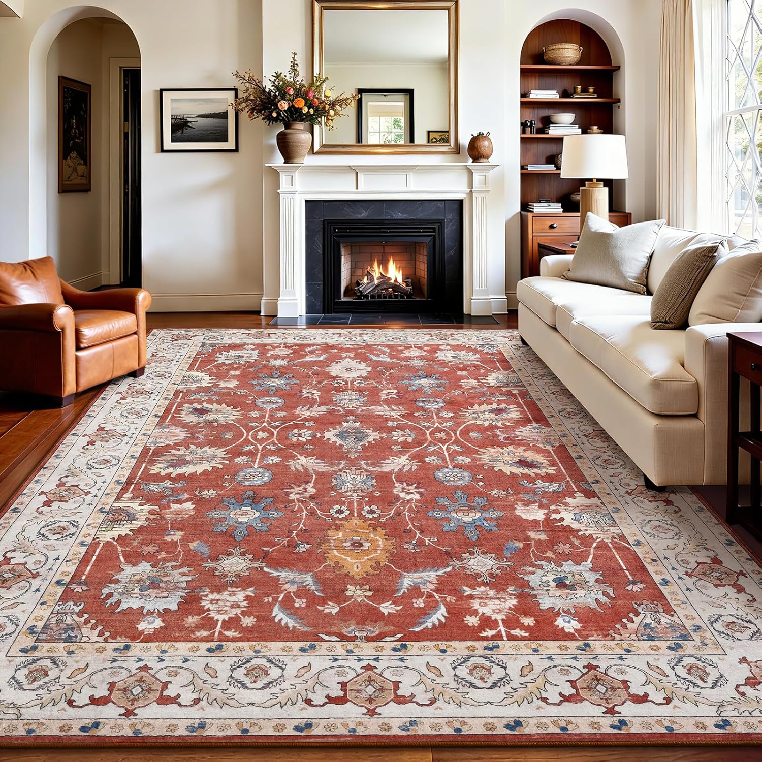 Keeko 4'x6' Vintage Floral Area Rug for Living Room, Soft Washable Low-Pile Carpet with Non-Slip Backing, Non-Shedding Oriental Distressed Farmhouse Rug for Bedroom, Dining Room, Nursery & Home Office