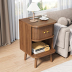 Decofy Mid Century Modern Nightstand Set of 2 with Charging Station, Walnut | Fluted Beside Table with Tambour Sliding Door & Open Shelf, End Table with Curved Corners Design, Wood Nightstand for Bedroom