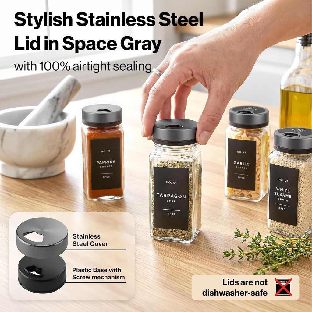 EDELHAUS Glass Spice Jars with Label and Space Gray Rotating Lids (24 x 4oz) Spice Containers with 240 Labels, Shaker Inserts, Steel Funnel, Empty Square Containers