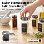 EDELHAUS Glass Spice Jars with Label and Space Gray Rotating Lids (24 x 4oz) Spice Containers with 240 Labels, Shaker Inserts, Steel Funnel, Empty Square Containers
